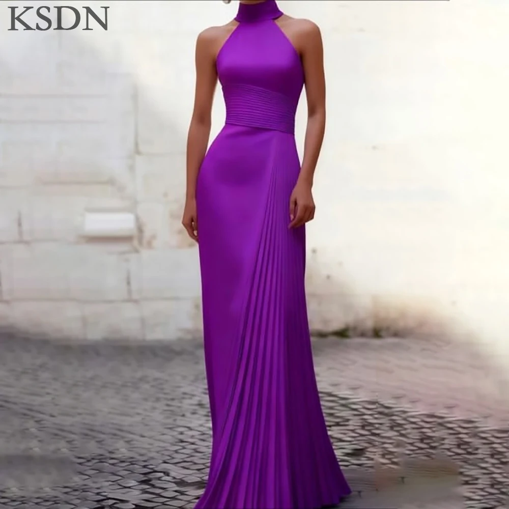 KSDN Eenvoudige Aangepaste Avondjurken Hoge Hals Mouwloos Vloerlengte Jurken Elegante Vrouwen Gedrapeerde Prom Dress Vestidos