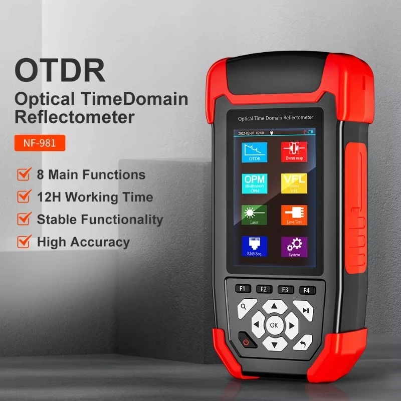 NF-981 OTDR جهاز اختبار الألياف البصرية 8 في 1 جهاز اختبار متعدد الوظائف متوافق مع محولات SC FC ST APC لاختبار الألياف البصرية