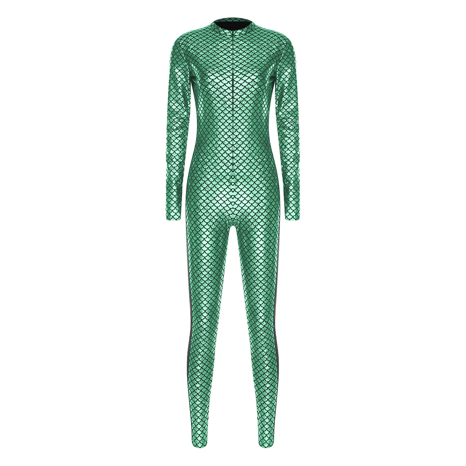 

Women Mermaid Fish-scale Print Metallic Shiny Cosplay Jumpsuit Side Sheer Mesh Long Sleeve Full-body Bodysuit for Beachwear