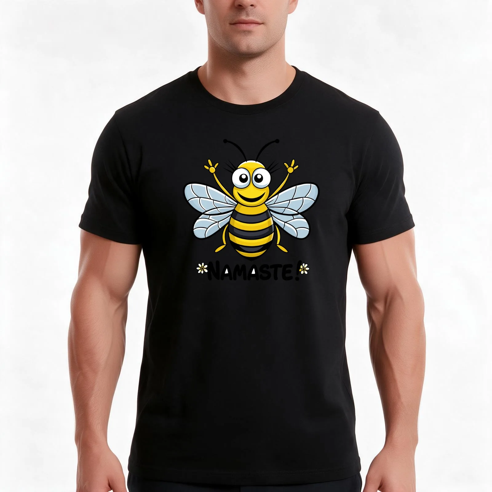 Happy Bee. Namaste T-Shirt, Summer Casual Cotton Tee, Oversized Streetwear Tops, Vintage Graphic Print, Loose Fit Short Sleeve