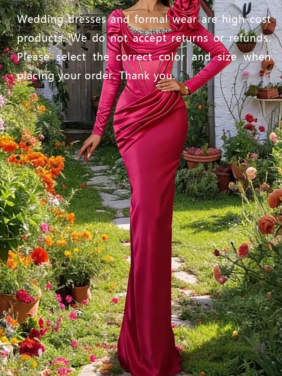 Elegante cuello redondo Color caramelo fruncido manga completa vestidos de noche formales delgados vestidos de fiesta de cumpleaños personalizados