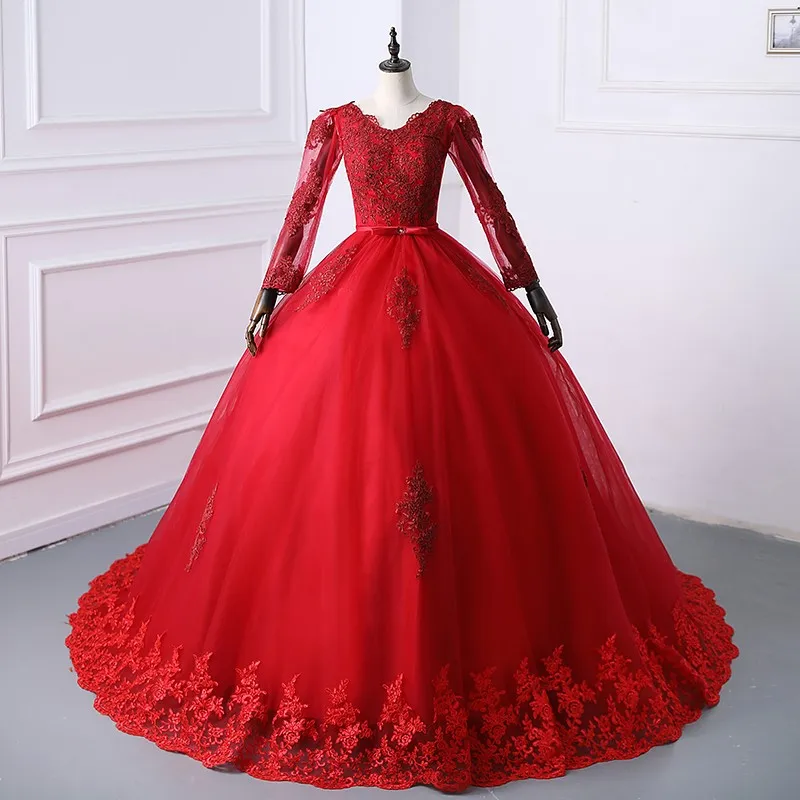 Vestido para quinceañeras de encaje con cinturón de manga larga y tren de barrido, vestido de fiesta de lujo para graduación, Vestidos de talla grande 15 para niña personalizado