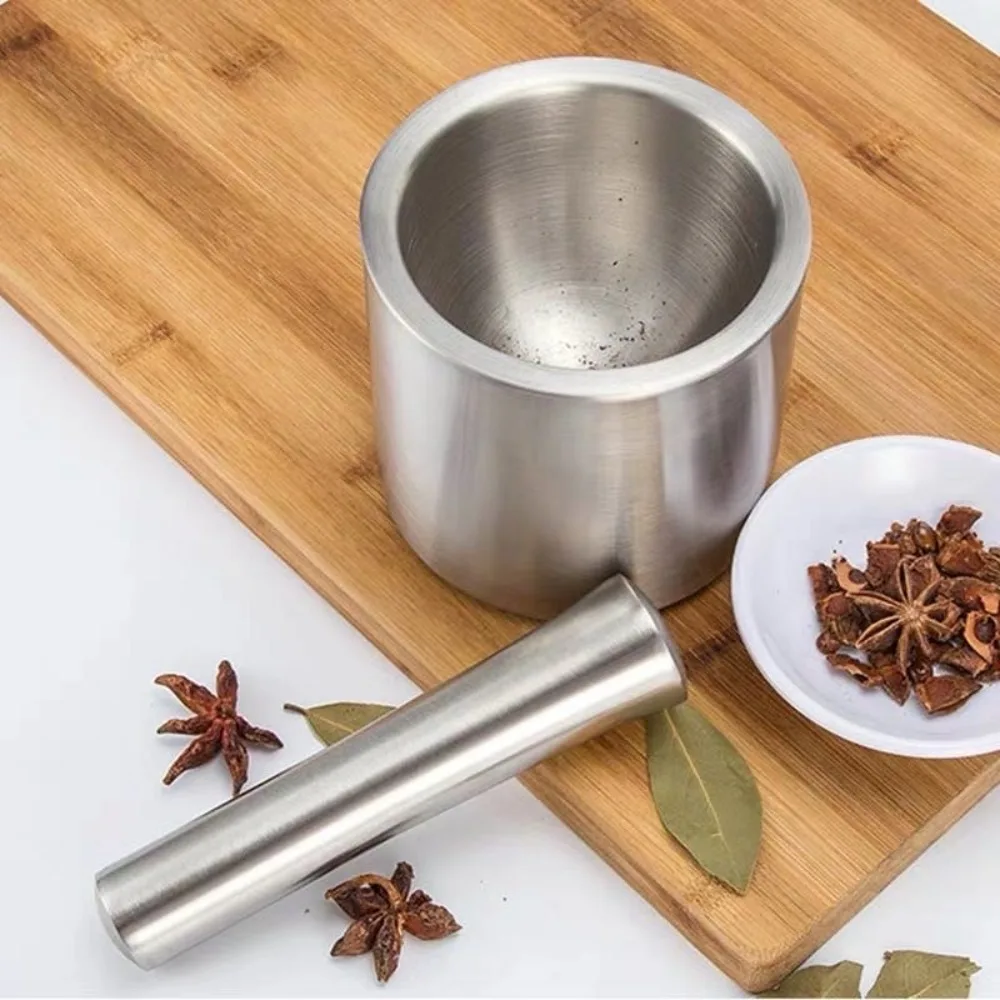 304 Stainless Steel Mortar and Pestle Set Rust Proof Manual Garlic Mashing Jar Splash-proof Lid Household Herbs Grinding Bowl