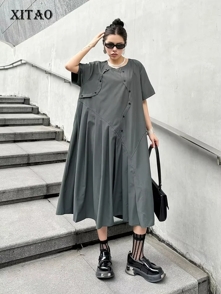 XITAO Asymmetrical Pleated Dress Loose Fashion Solid Color Splicing Short Sleeve Dress Summer Casual New Loose Women HQQ2310