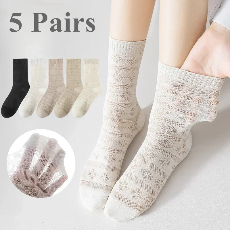 5 Pairs Summer Thin Mesh Socks Women Floral Lace Socks High Quality Cotton Socks Middle Tube Sports Short Socks