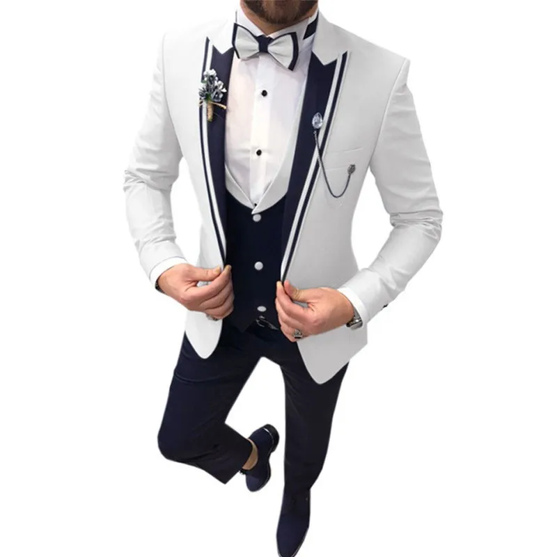 custom white Men Suits for Wedding Groom Blazer Tuxedo Slim Fit 3-piece Color blocked lapel black Costume Hommes Terno Masculino