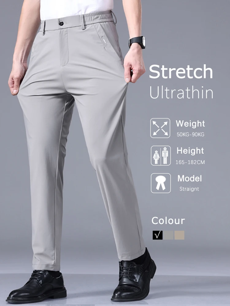 High Elastic Ultra-thin Casual Pants Men's Business Straight Slim Trousers Breathable Classic Black Gray Male Brand Pant