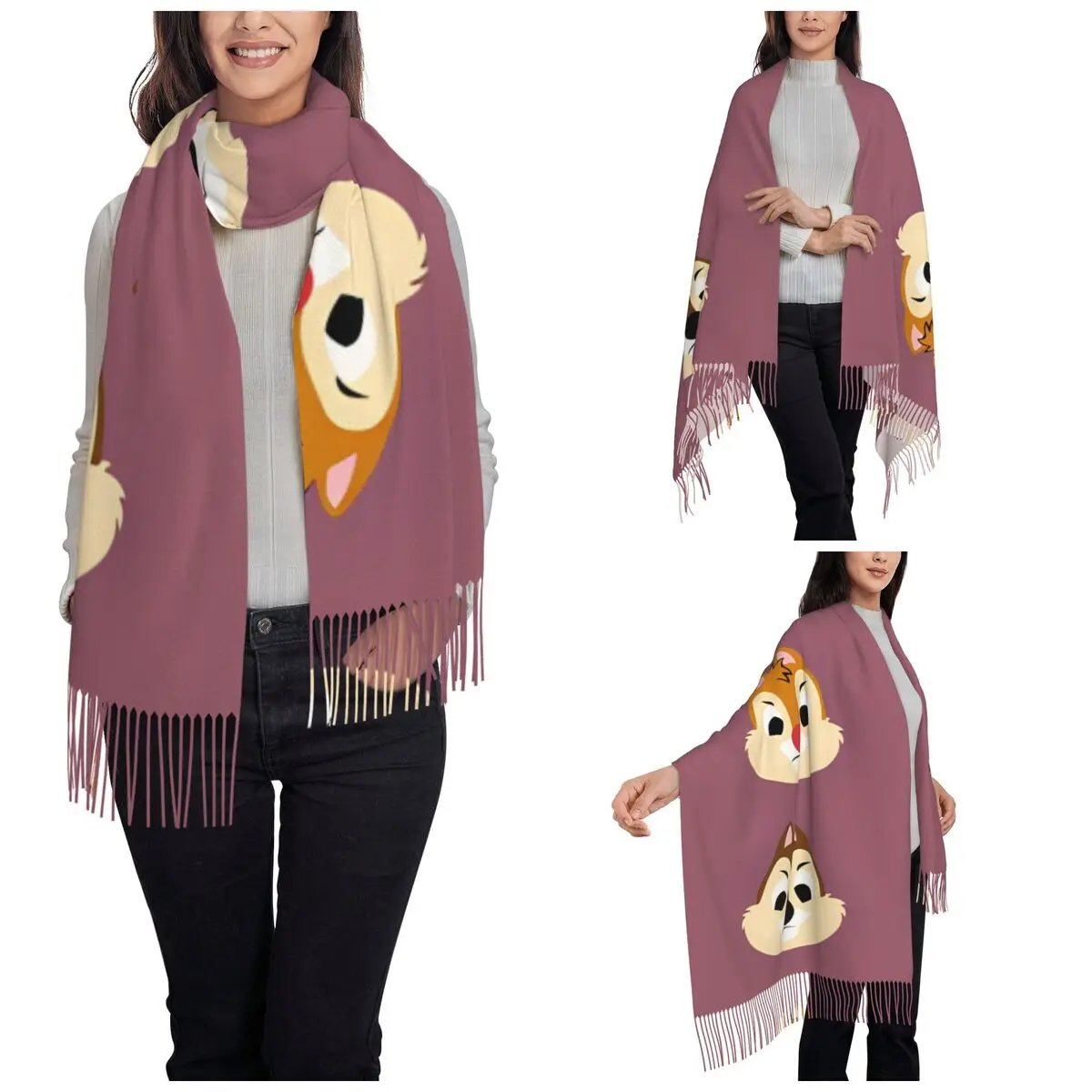 Chip 'n' Dale Hello Châle Round pour Femme, Écharpe Longue et Douce, Dessin Animé, Pashmina Mignon, Écharpes à Pompons, Hiver