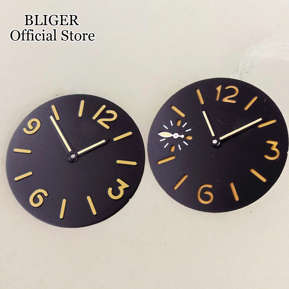 New 34.3MM Black Sandwich Watch Dial Face Emboss Numbers Luminous Fit ETA 6497 Hand Winding Movement Watch Parts