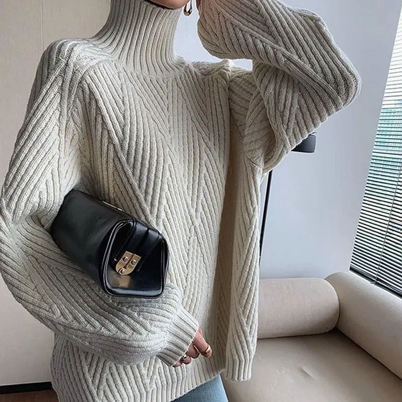 2023 Autumn Winter Turtleneck Sweater Women's New Thick Knitted Casual Loose Outerwear Streetwear Twist Sweater