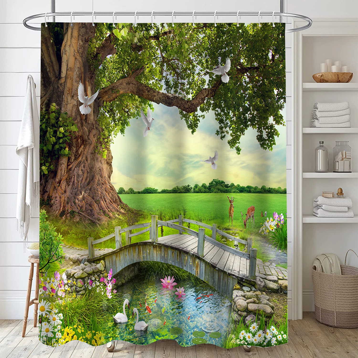 Natural Scenery, Animal, Water Bridge, Modern Digital Printing, Hook Shower Curtain, Polyester Waterproof Bathroom Shower