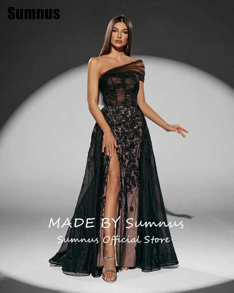 Sumnus Black Lace A-Line Prom Dresses Elegant One-Shoulder Sexy Evening Dresses Side Split Floor Length Formal Gowns Customized