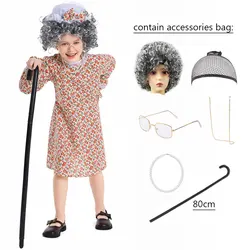 Umorden Child Kids Old Woman Lady Costume for Girls Granny Grandma Cosplay Dress Wig Crutch Glasses Full Set 4-16Y Tween & Teens