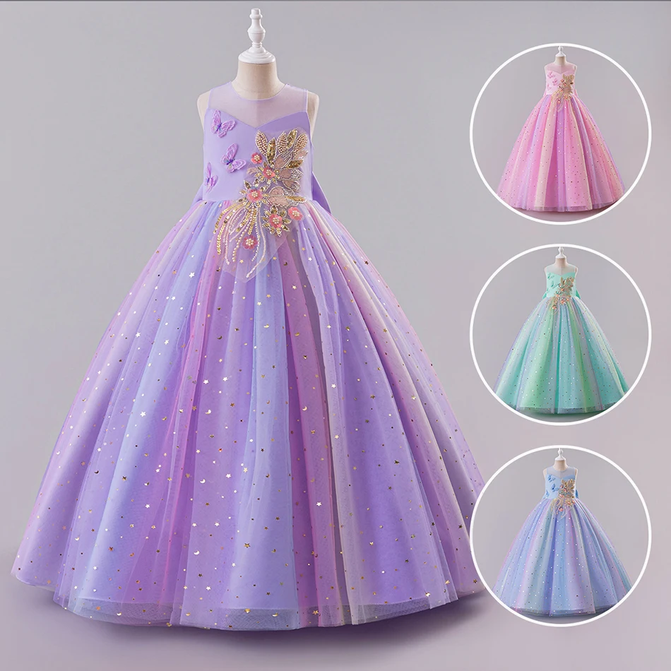 Children Party Dress for Girls Elegant Princess Tutu Dress Rainbow Tulle Ball Gown for School Performances Kids Pageant Clothes