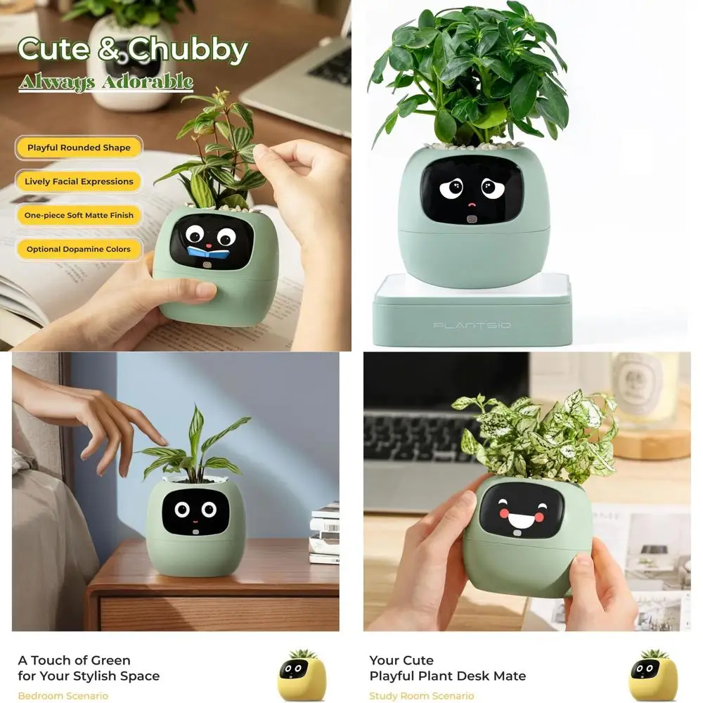 

Умный горшок для растений Ivy AI с интеллектуальным роботом-кашпо или комнатными растениями Тамагочи, нижний горшок, стильный домашний декор Potchi (мятный)