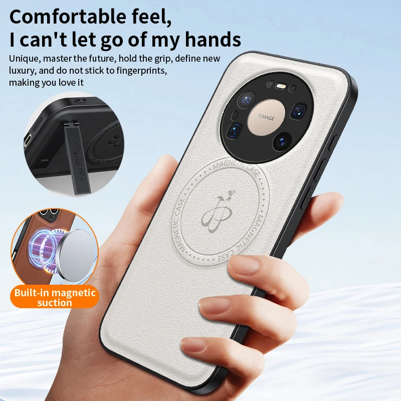 

Кожаный чехол-подставка для телефона Huawei Mate 80 Pro Max с защитой объектива, магнитной беспроводной зарядкой и силиконовым покрытием