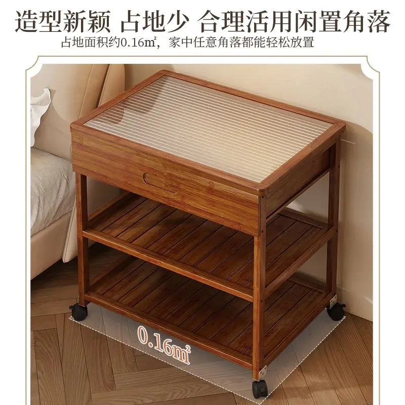 Removable Bamboo mobile coffee glass table bedside household simple storage Durable storage cabinet with wheels living room