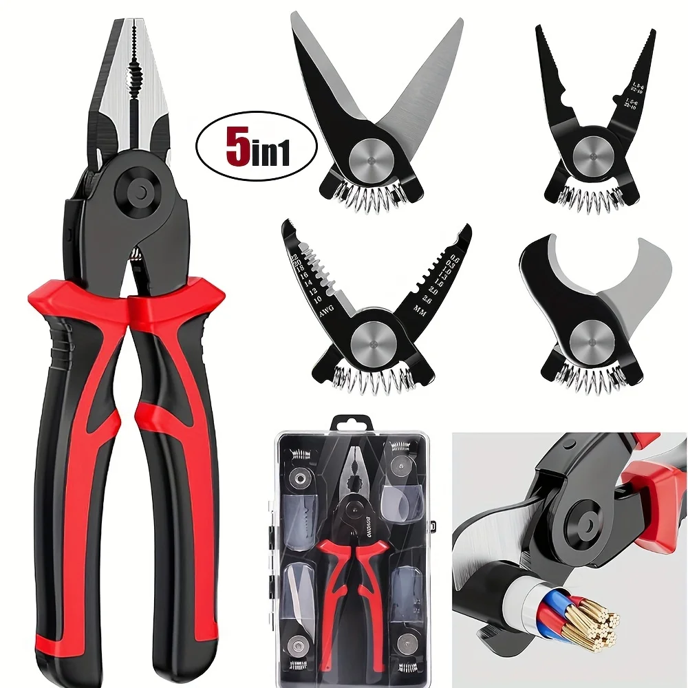 5 In 1 Multitool Tang Set Snelwissel Tang Kopset Met Draadknippers Schaar Kabelsnijder Draad Stripper Krimptang