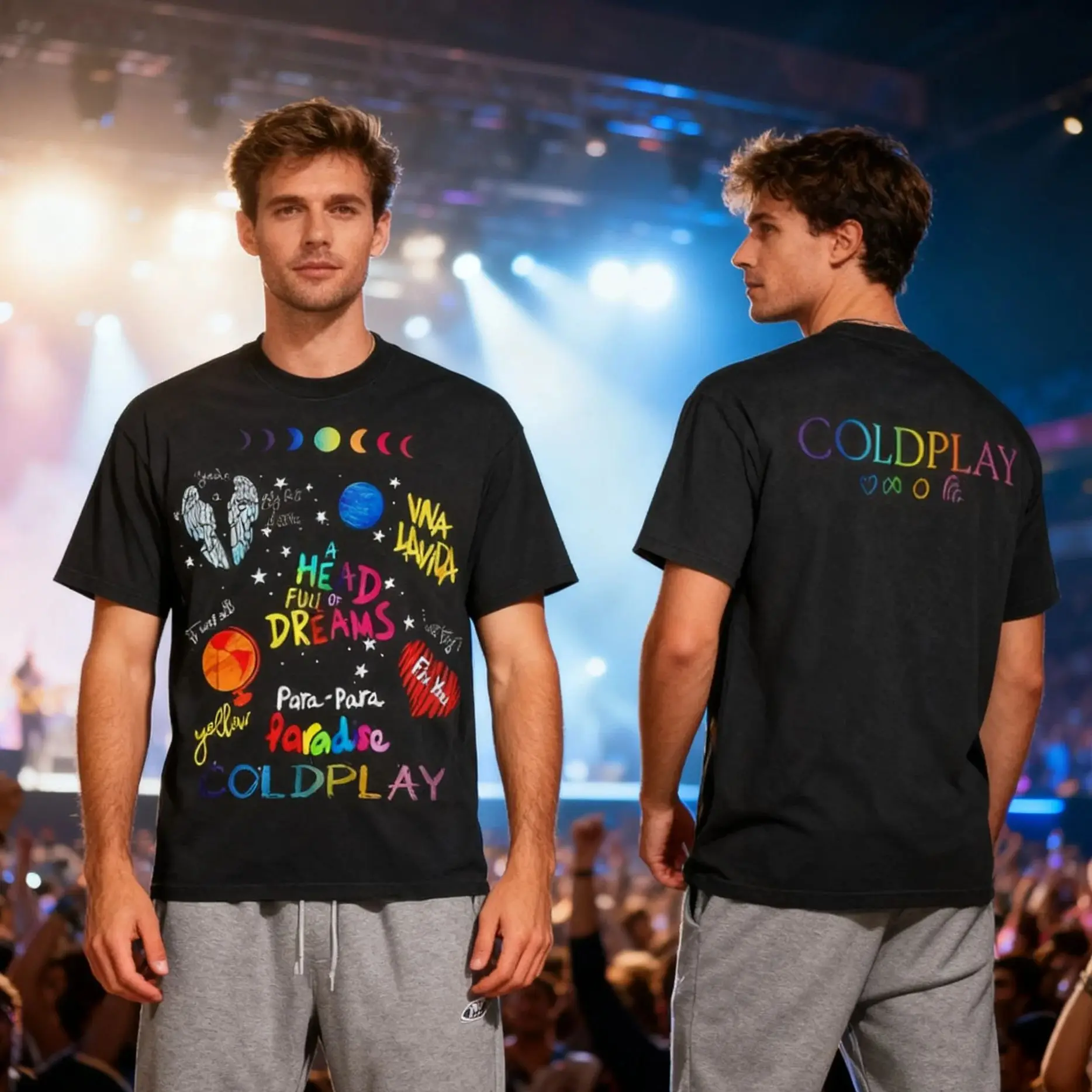 

2025 Coldplay Classic Songs Collage Tee Men's Tshirt Double-sided Printed Men T-shirt Male Casual Comfortable Streetwear Top