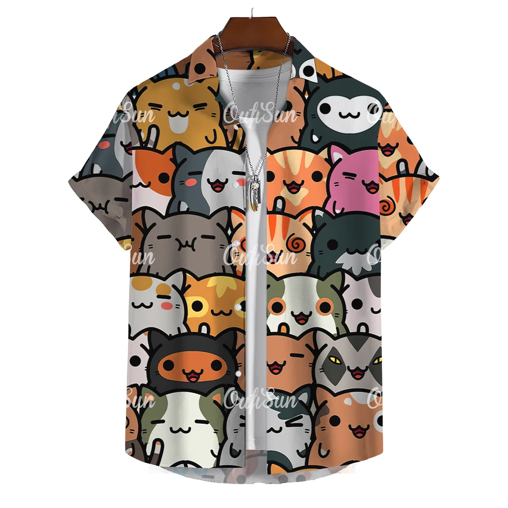 Anime Cat Print Summer Fashion Casual Hawaiian Short Sleeve Shirts Smooth Tops Luxury Harajuku Y2k Elegant Oversized Clothing
