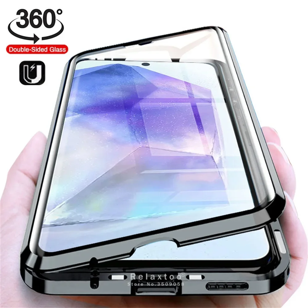 360° Metal Magnetic Attraction Flip Case For Samsung Galaxy A55 5G Double-Side Tempered Glass Protect Coque SamsungA55 A 55 2024