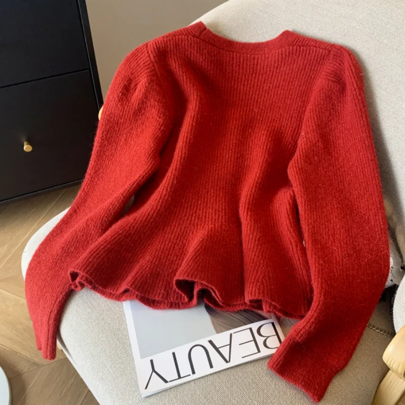Abbigliamento donna maglione lavorato a maglia Vintage giacca Cardigan bianco rosso manica lunga moda Casual 2024 top corto solido invernale