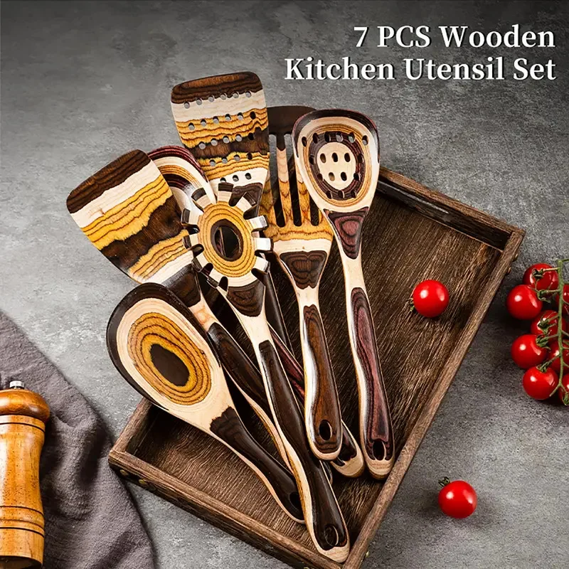 

Household Tableware Brown Color Wooden Spatula Seven-piece Set Color Wooden Salad Spoon Spatula Set Kitchenware Cooking Tools