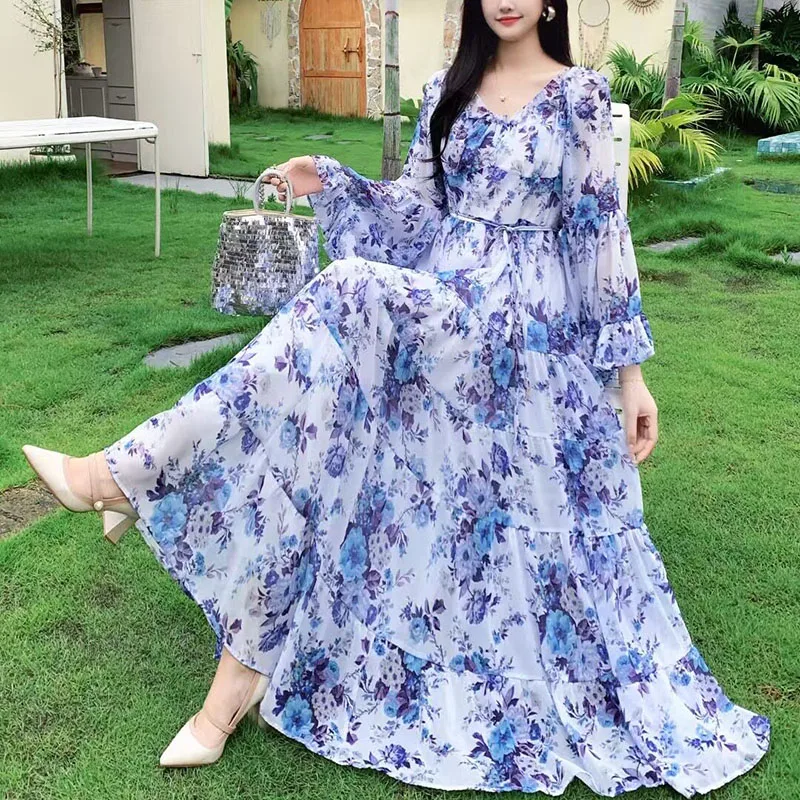 

Y2K Boho Floral Print Chiffon Maxi Dress for Women Flare Sleeve Tiered Ruffle Summer Beach Dress Elegant Luxury Vacation Dress