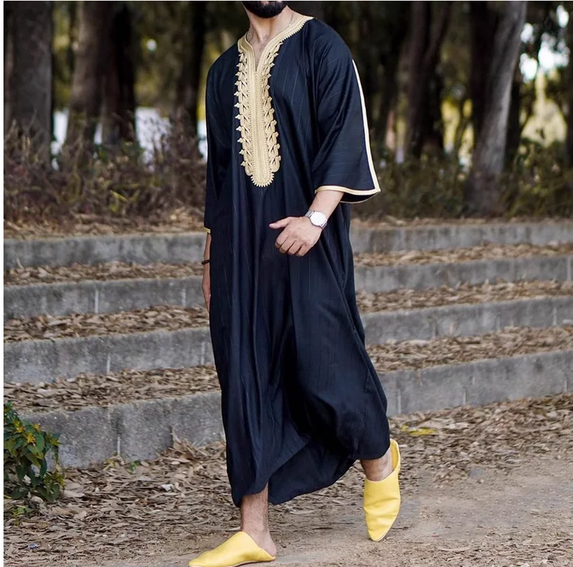 

Summer dark African Dubai Arab Prince robe collarless loose fitting casual men's shirt