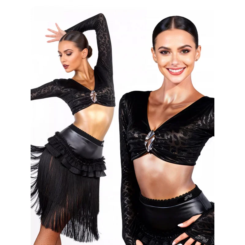 

Женские костюмы для латинских танцев, леопардовый топ с длинными рукавами, юбка с бахромой, комплект для бальных танцев ADL284