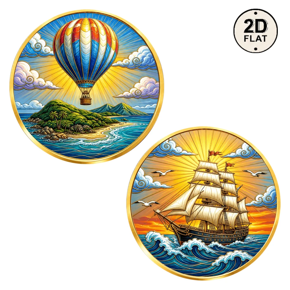 1pc Nautical Voyage Art Commemorative Coin 2D Tropical Island Balloon & Ocean Sailing Ship Metal Coin Gifts for Travel Lovers