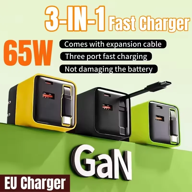 65w Gallium Nitride Fast Charger With Built-in Retractable Charging Head Dual-port A+c For Apple Huawei Xiaomi Phones 2026
