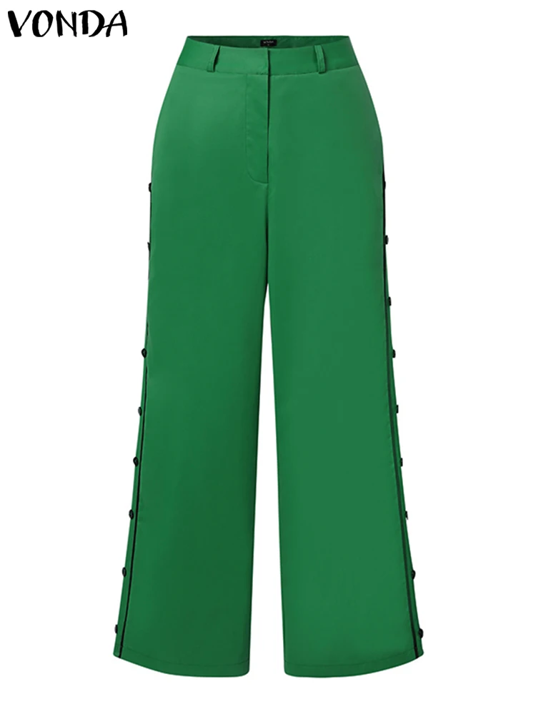 VONDA Elegant Wide Leg Pants 2024 Women Summer Side Buttons Down Fashion Long Pantalon Casual Solid High Waist Zipper Trousers