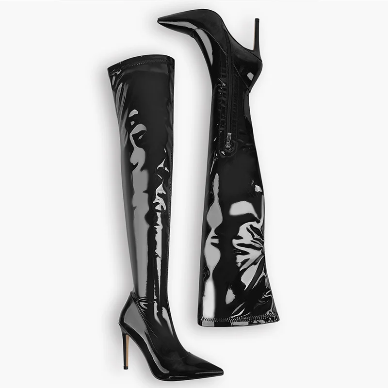 Onlymaker Women Pointed Toe Side Zipper Patent Leather Thin High Heels Concise Sexy Party Over The Knee Spring Autumn  Boots