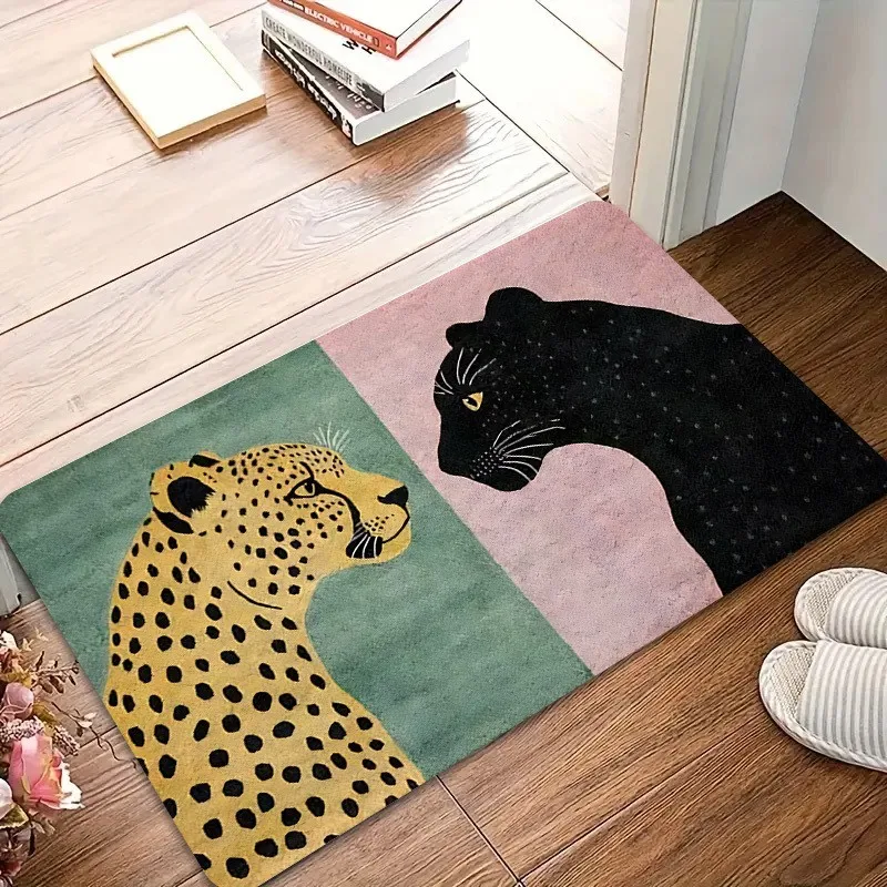 Split Background Leopard And Black Panther Art Printed Front Door Mat Wild Animal Decor Rug For House Entry Doors