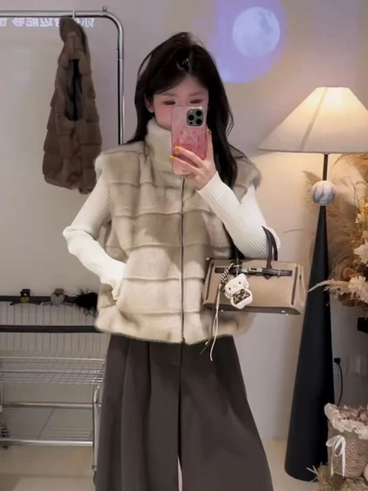 

Ретро-корейский жилет с воротником-стойкой, осенне-зимний, из искусственного меха норки, на молнии, теплый, свободного кроя, короткое пальто для женщин