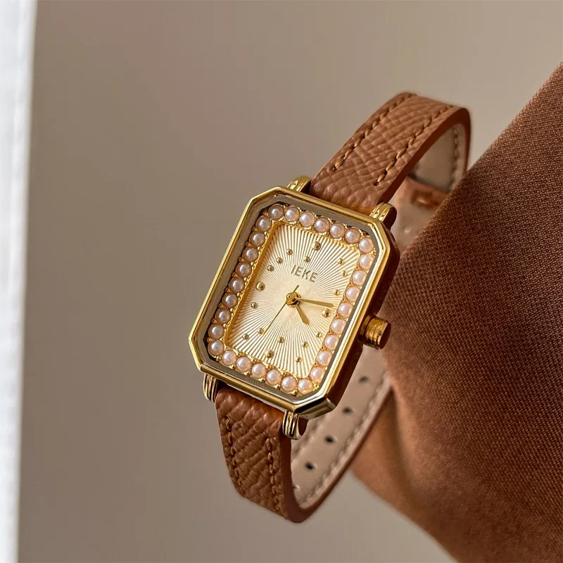Pearl small square watch ladies retro light luxury niche temperament commuting versatile small dial women's watch