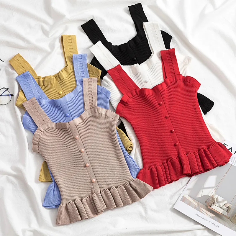 

Summer 2025 Women's High Waist ort Knitted Vest with Wood ain And Bell Svel Top V-ne Single Button Chinese P...