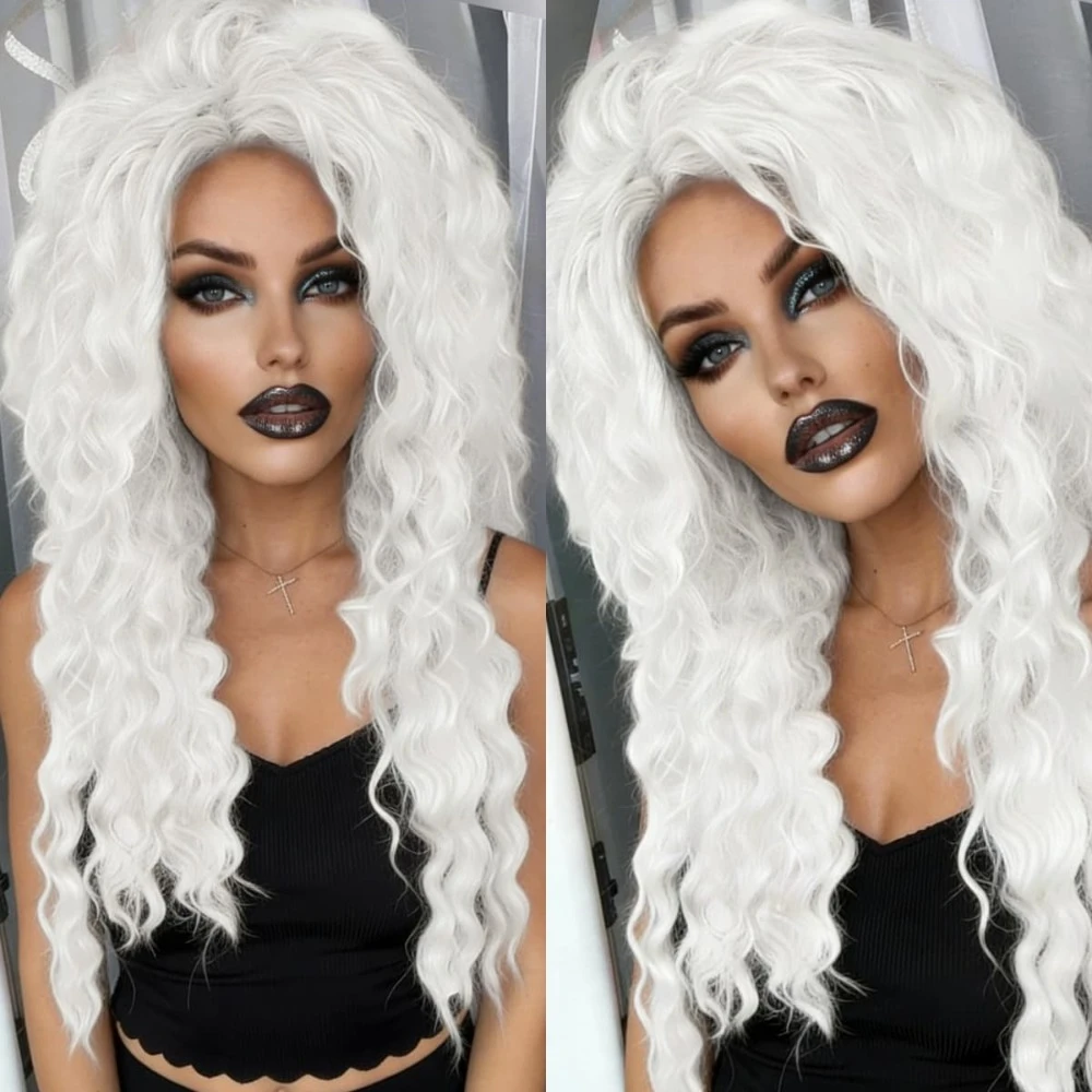 

Платиновый белый синтетический парик с кружевной передней частью 13x4 HD, глубокие волны, для повседневного использования, вечеринок, косплея, K-Pop парик