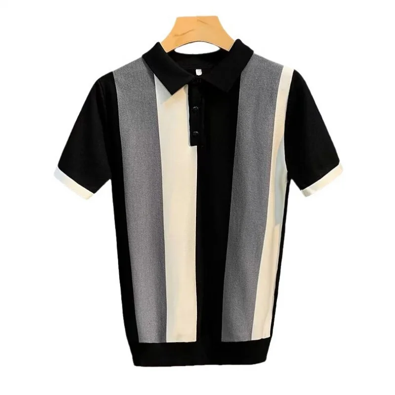 Summer New Silk Striped Turn-Down Collar Short Sleeve Knitted Shirt Men'S Fashion Youth Trendy Versatile Casual Top Trend
