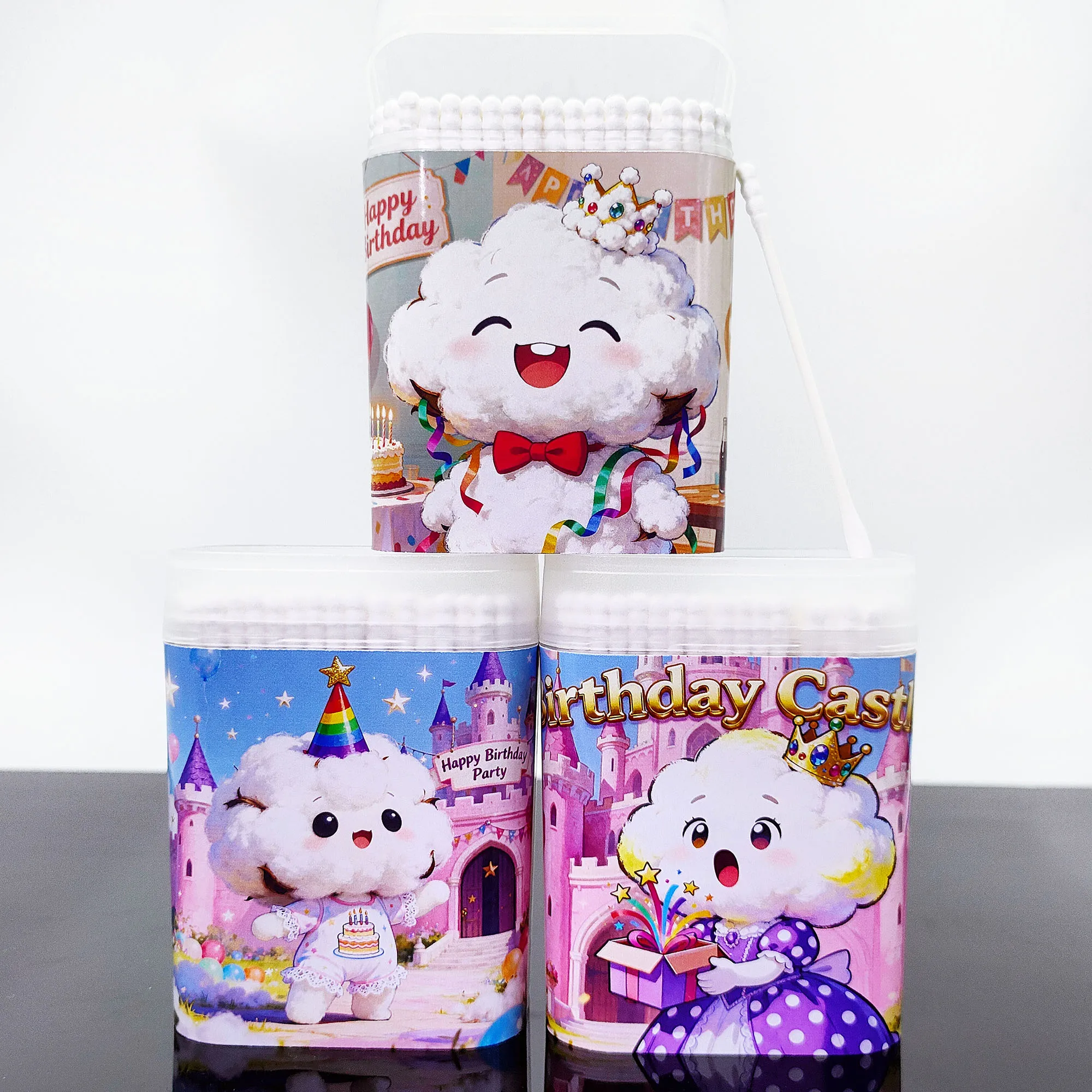 200개/600개 생일 테마 면봉, 생일 축하, 다기능 이중 헤드 나선형 원형 면봉 스틱.