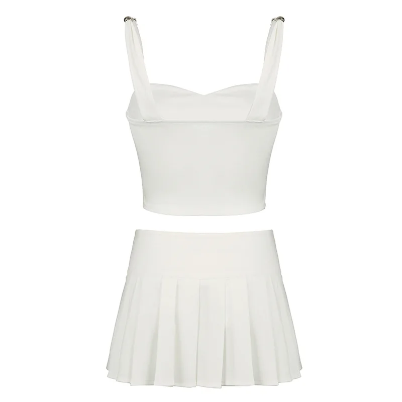 2024 Summer Solid Concise Slim Casual Sporty 2 Piece Set Women Square Neck Sleeveless Crop Top Patchwork Pleated Mini Skirt