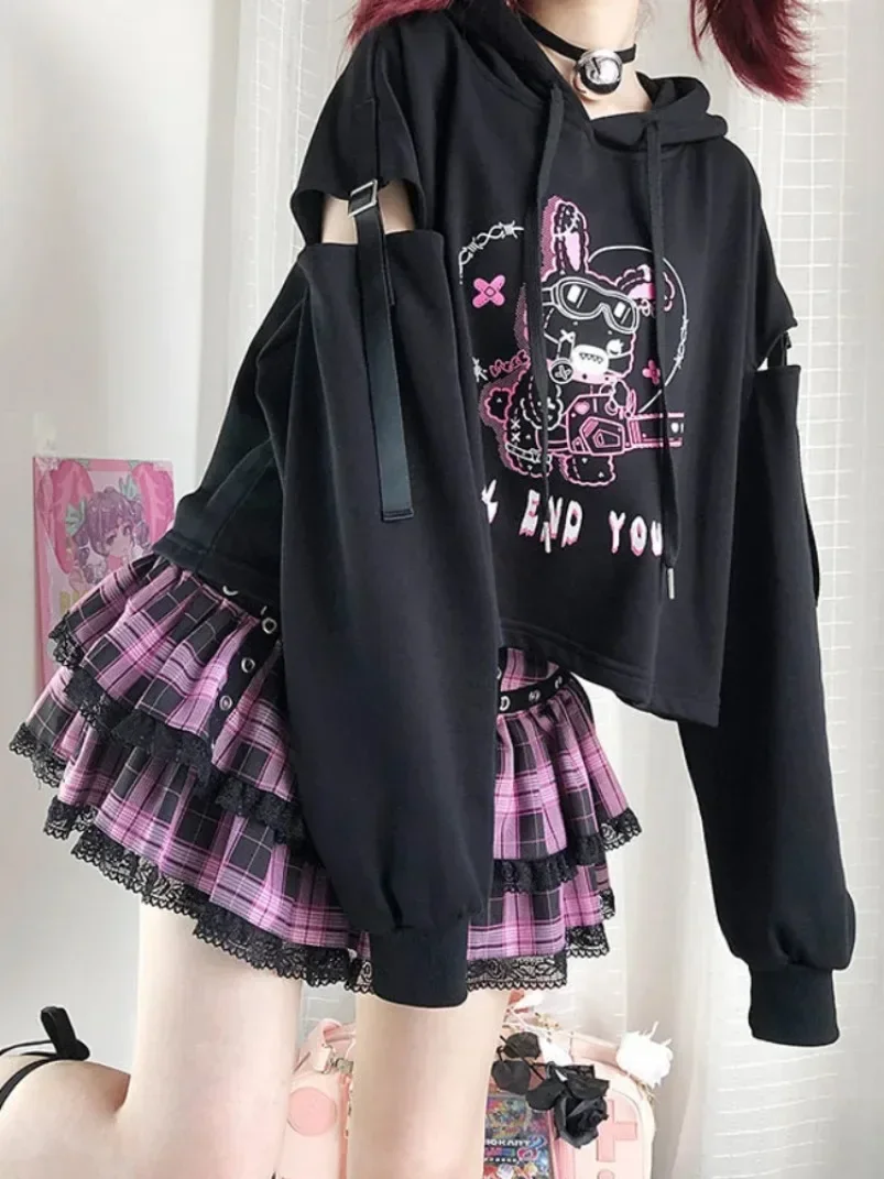 New Hoodies Punk Gothic Patchwork Hollow Out Y2k Clothes Cartoon Print Casual Loose Spring Autumn Preppy Style Crop Sweatshirts