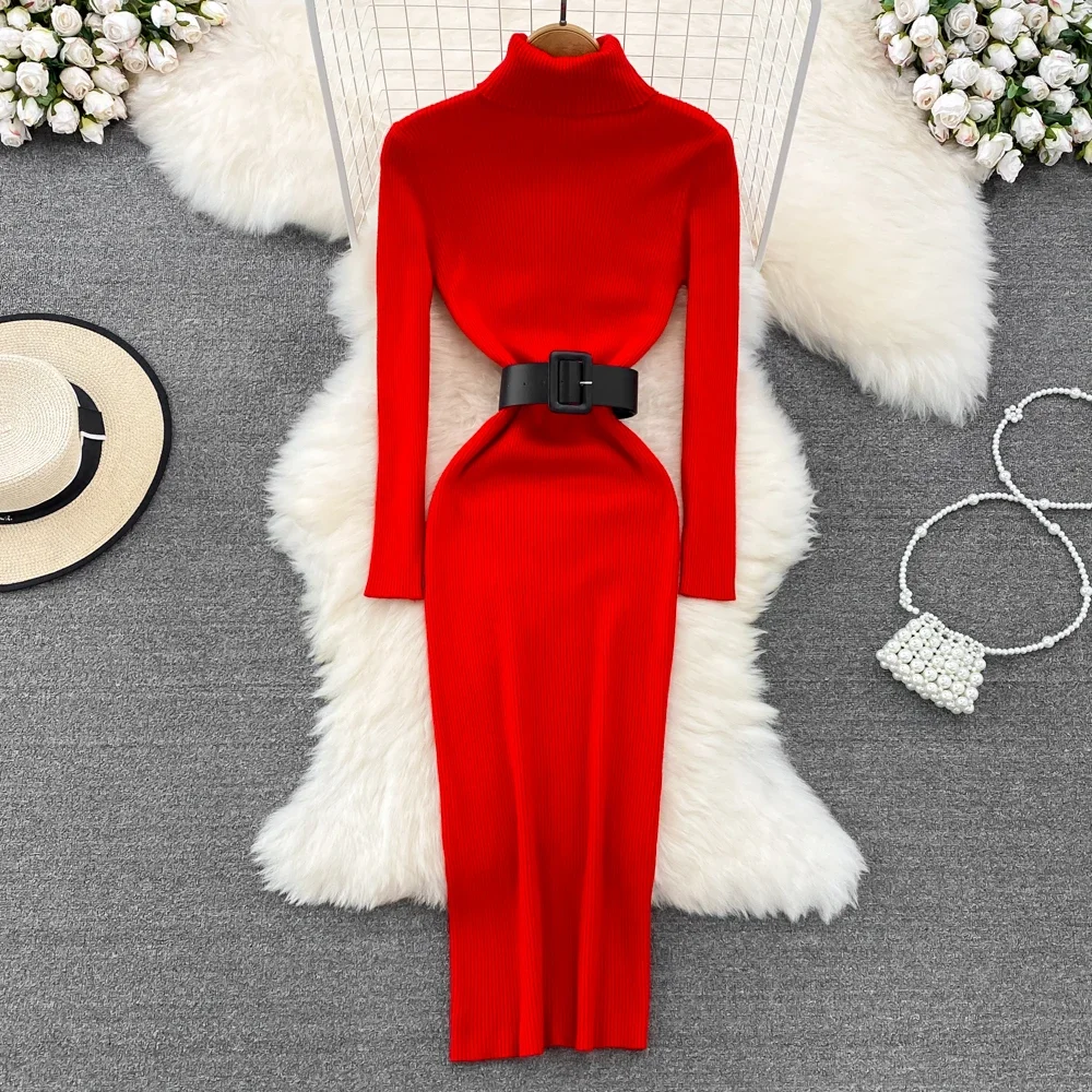 2025 Vintage Korean Chic Elegant Sweater Dress Autumn Winter Turtleenck Long Sleeve Knit Robe Solid Casual Vestidos Mujer