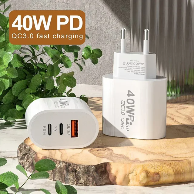 Szybka ładowarka USB typu C 40 W PD Szybkie ładowanie UE Wtyczka USA PD USB typu C Szybka ładowarka USB QC 3.0 do iPhone'a 15 14 Xiaomi Samsung