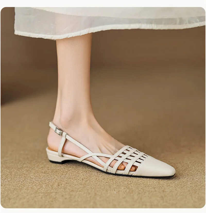 New Split Leather Summer Sandals Square Toe Sandals for Women Low Heel Concise Gladiator Shoes Fashion Narrow Band Ladies Shoes