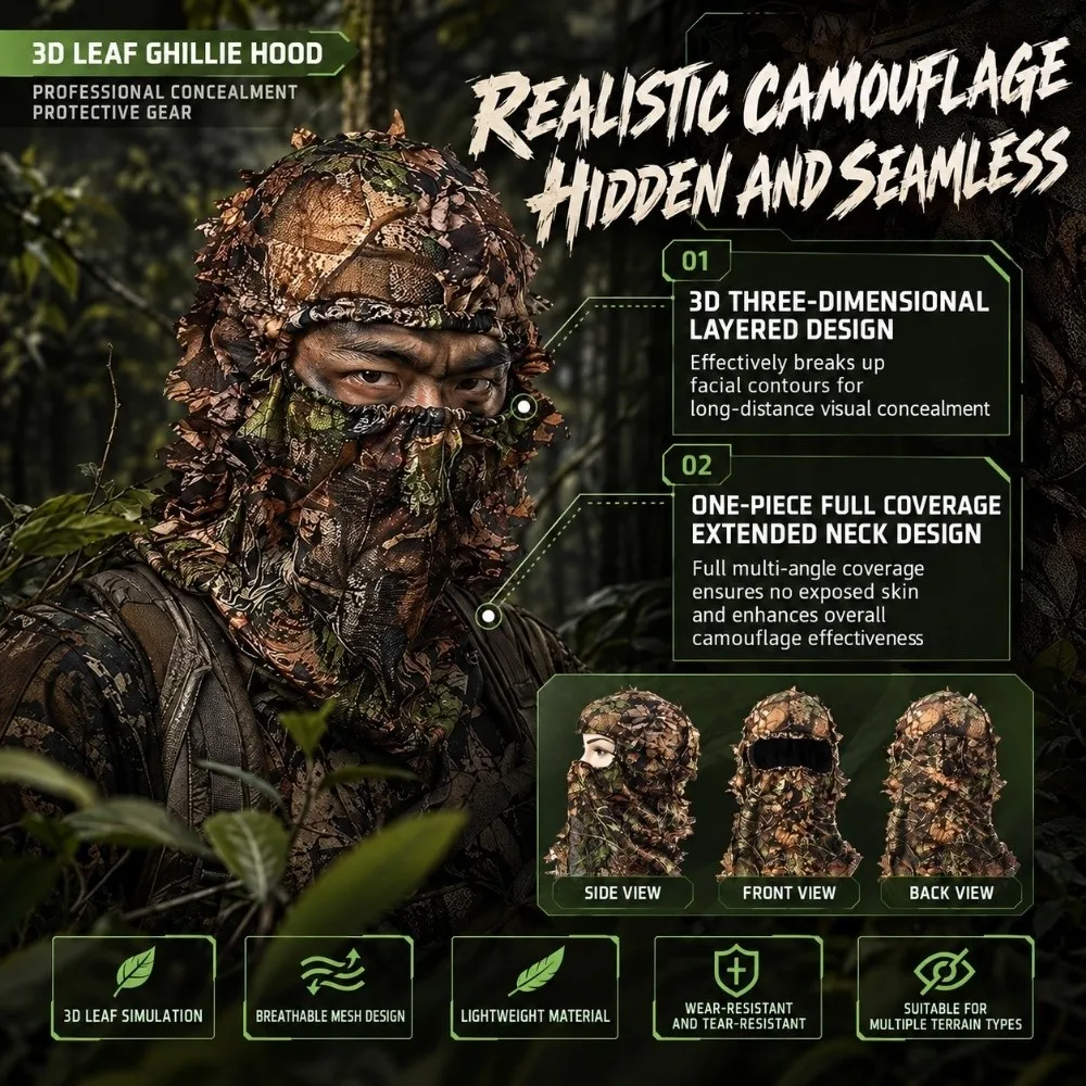 Realistic Pattern Leafy Face Mask 3D Full Face Breathable Mesh Ghillie Suit Lightweight Maple Leafy Hat Fishing