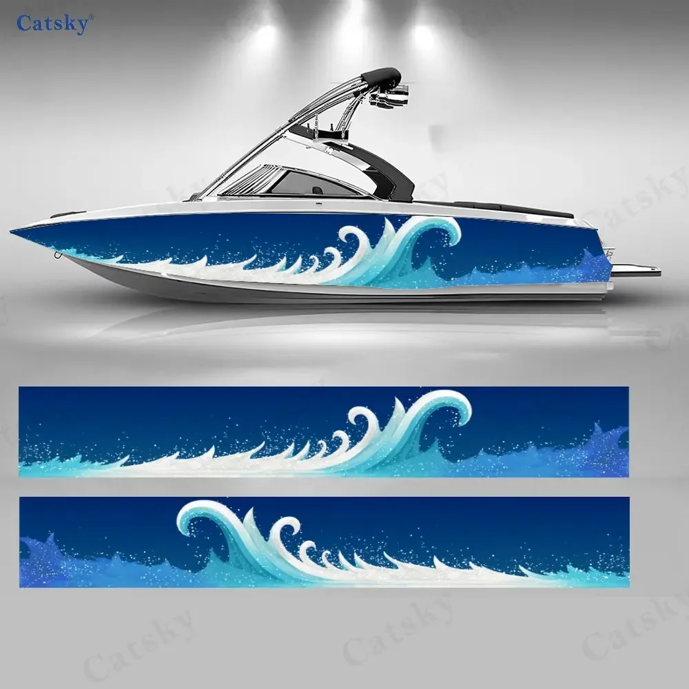 2Pcs Blue Waves Chasing Sand Boat Sticker, PVC Waterproof Durable Vinyl Wrap Decals for Fishing Boat, Durable and Stylish Design