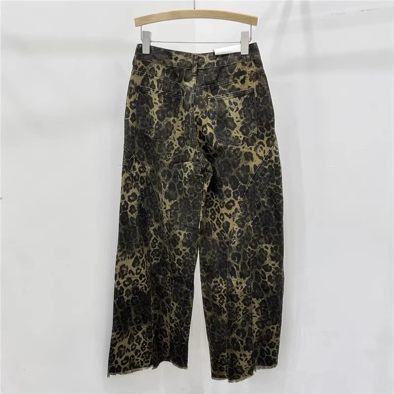 KBQ Leopard Printting Loose Denim Trouser For Women High Waist Patchwork Zipper Streetwear Wide Leg Pants Female Fashion Autumn