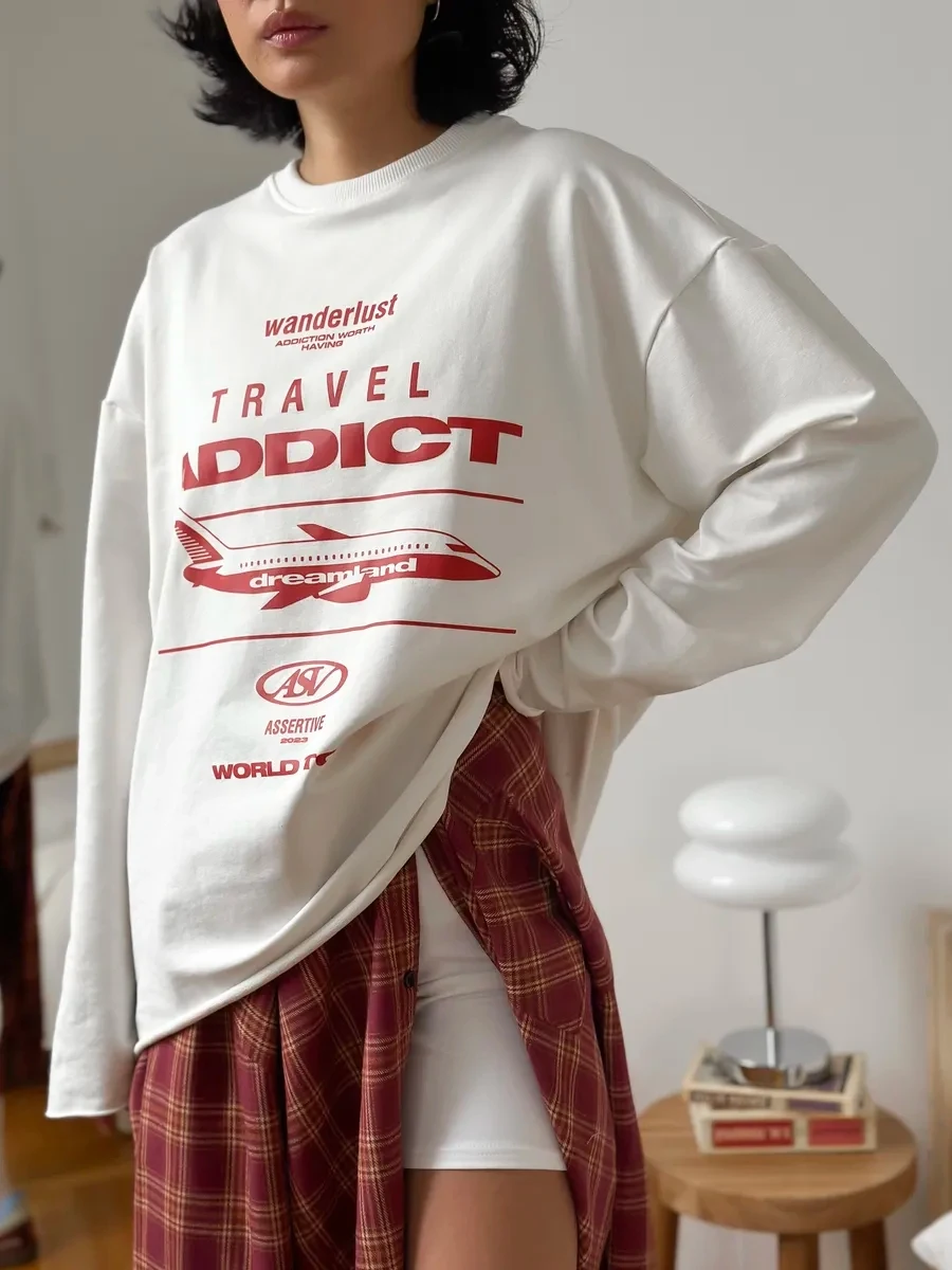 ملابس رياضية للسيدات لربيع وخريف 2025 ﻿ بلوزات فضفاضة مطبوعة بأحرف المرأة عادية س الرقبة كم كامل بلوزة الإناث